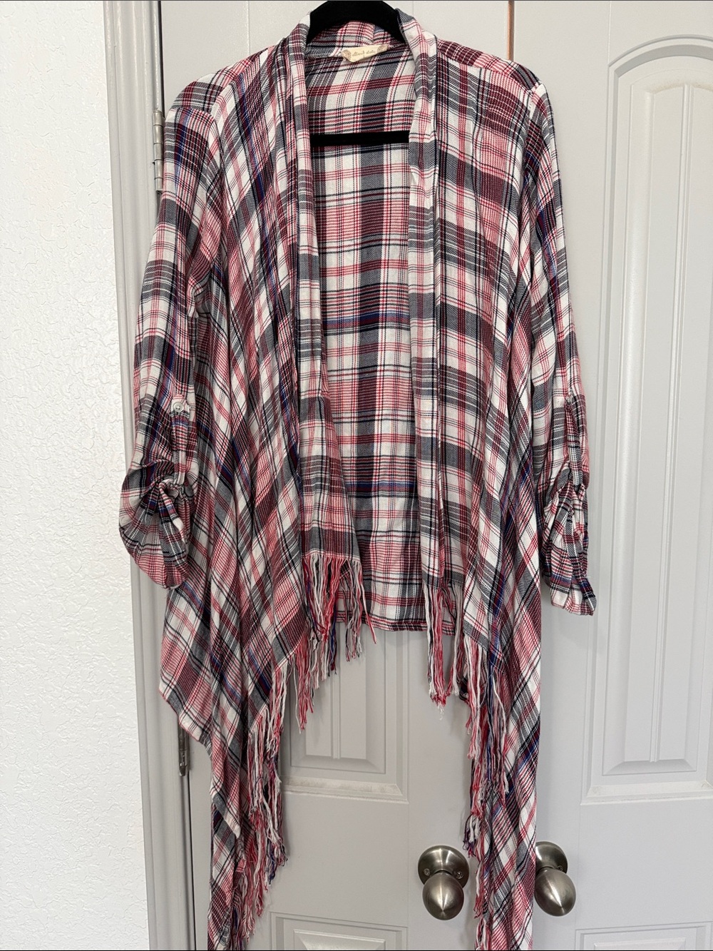 Altar'd State Red, Navy & White Plaid Open Cardigan